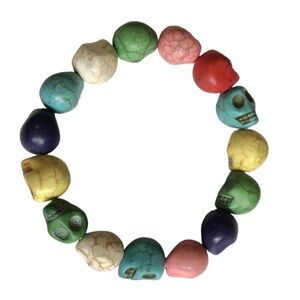 Multicolour Halloween Day of Dead Sugar Stone Bead Skulls Stretch Bracelet